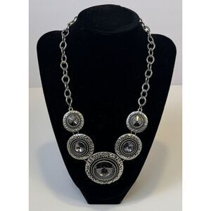 Vintage Silver-Tone Statement Necklace with Circular Medallions & Crysta